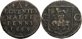 Grossbritannien/-Token 17. Jh.. 
WARWICKSHIRE. 
COVENTRY. Halfpenny, 1669. *A* COVENTRY/ HALFE/ PENNY/ 1669. Rv. Shield of arms of Coventry: leopard...