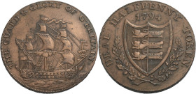 Grossbritannien/-Token 18. Jh., England. 
Kent. 
Deal. Halfpenny 1794. A man of war sailing to r. THE GUARD & GLORY OF G. BRITAIN. Rev.: Shield of a...