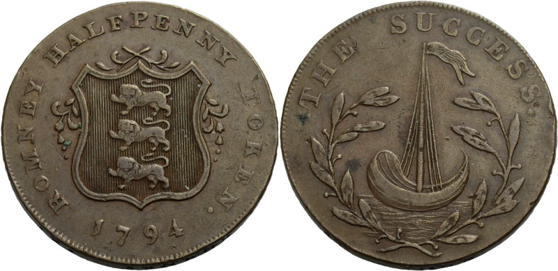 Grossbritannien/-Token 18. Jh., England. 
Kent. 
Romney. Halfpenny 1794. Shiel...