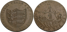 Grossbritannien/-Token 18. Jh., England. 
Kent. 
Sandwich. Halfpenny, undated (1790's). A Medieval ship. SANDWICH HALFPENNY TOKEN FOR. Rv. The town ...