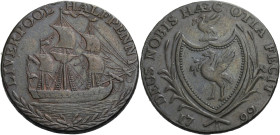 Grossbritannien/-Token 18. Jh., England. 
Lancashire. 
Liverpool. Halfpenny 1792. A ship sailing to r. over laurels. LIVERPOOL HALFPENNY. Rev.: Arms...
