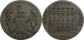 Grossbritannien/-Token 18. Jh., England. 
Lancashire. 
Manchester. Halfpenny, 1792. The Grocer's arms. HALFPENNY. In ex., 1792. Rv. A building, EAST...