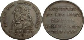 Grossbritannien/-Token 18. Jh., England. 
Middlesex. 
Hardy. Halfpenny 1794. Bust to l. TRIED FOR HIGH TREASON. Ex.: T.HARDY / 1794. Rev.: ACQUITTED...