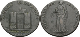 Grossbritannien/-Token 18. Jh., England. 
Suffolk. 
Bungay. Halfpenny 1794. Ruins of a fortress. BUNGAY HALFPENNY. Ex.: BIGOD'S CASTLE. Rev.: Figure...