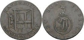 Grossbritannien/-Token 18. Jh., England. 
Suffolk. 
Haverhill. Halfpenny, 1794. A man weaving in a loom. HAVERHILL MANUFACTORY. Rv. PRO BONO PUBLICO...