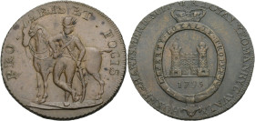 Grossbritannien/-Token 18. Jh., England. 
Suffolk. 
Hoxne. Halfpenny, undated, 1790s. A dismounted yeoman leaning against his horse. PRO ARIS ET FOC...