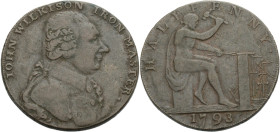 Grossbritannien/-Token 18. Jh., England. 
Warwickshire. 
Wilkinson. Halfpenny, contemporary counterfeit, 1793. Bust to r. IOHN WILKISON (sic) IRON M...
