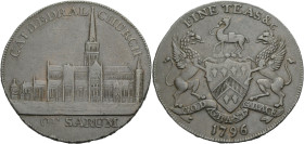 Grossbritannien/-Token 18. Jh., England. 
Wiltshire. 
Salisbury. Halfpenny 1796. View of Salisbury Cathedral. CATHEDRAL CHURCH/ OF SARUM. Rev.: The ...