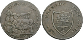 Grossbritannien/-Token 18. Jh., Scotland. 
Lanarkshire. 
Glasgow. Halfpenny, 1791 River god reclining on an urn, inscribed CLYDE, with r. arm, and h...