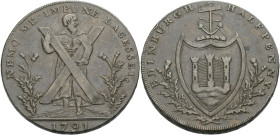Grossbritannien/-Token 18. Jh., Scotland. 
Lothian. 
Edinburgh. Halfpenny, 1791. Contemporary counterfeit. St. Andrew standing between thistles, hol...