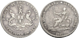 Grossbritannien/-Token 19. Jh. England. 
Northumberland. 
NEWCASTLE UPON TYNE. Sixpence, 1811. Shield of arms. PAYABLE BY IOHN ROBERTSON/ NEWCASTLE ...