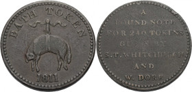 Grossbritannien/-Token 19. Jh. England. 
Somersetshire. 
BATH. Penny 1811. BATH TOKEN. A ram suspended from a ribbon. Below, 1811. Rv. A/ POUND NOTE...