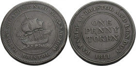 Grossbritannien/-Token 19. Jh. England. 
Somersetshire. 
BRISTOL. PATENT SHEATHING NAIL MANUFACTORY. Penny 1811. Ship sailing l. Rv. ONE/ PENNY/ TOK...