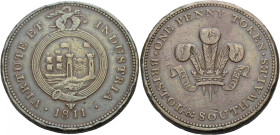 Grossbritannien/-Token 19. Jh. England. 
Somersetshire. 
BRISTOL. Penny, 1811. VIRTVTE ET INDVSTRIA. Arms of Bristol within a garter, crest above, 1...