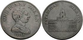 Grossbritannien/-Token 19. Jh. England. 
Staffordshire. 
BILSTON. Penny 1811. Royal Exchange. Bare headed, draped bust of George III to r. ONE PENNY...