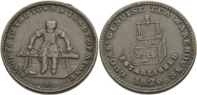 Grossbritannien/-Unofficial Farthings. 
STAFFORDSHIRE, STONE. Farthing, undated. A shoemaker sitting on a bench stitching a shoe. SUCCESS TO THE TOWN...