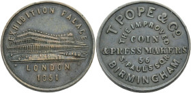 Grossbritannien/-Unofficial Farthings. 
WARWICKSHIRE. BIRMINGHAM. T. POPE. Farthing, 1851. View of Crystal Palace. EXHIBITION PALACE/ LONDON/ 1851. R...