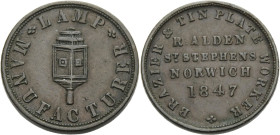 Grossbritannien/-Unofficial Farthings. 
NORFOLK;NORWICH. Farthing 1847. A carriage lamp. LAMP. MANUFACTURER. Rv. R. ALDIN/ ST. STEPHENS/ NORWICH/ 184...