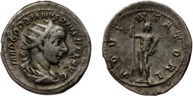 Antoninianus AR
Gordianus III (238-244), Rome, 241-243, IMP GORDIANVS PIVS FEL AVG, radiate, draped and cuirassed bust of Gordianus to righ / IOVI ST...