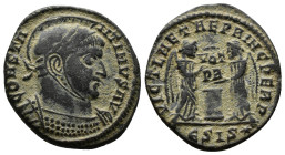 Follis Æ
Constantine I the Great (306-337), Siscia, Laureate, helmeted and cuirassed bust right / Two Victories holding shield inscribed VOT/ PR over...