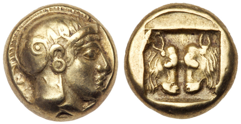 Lesbos, Mytilene. Electrum Hekte (2.51 g), ca. 478-455 BC. Head of Athena right,...