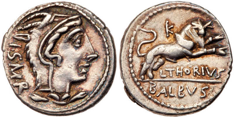 L. Thorius Balbus. Silver Denarius (3.96 g), 105 BC. Rome. I S M R, head of Juno...