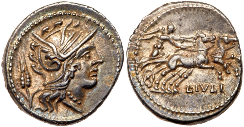 L. Julius L.f. Caesar. Silver Denarius (4.06 g), 103 BC. Rome. Head of Roma righ...