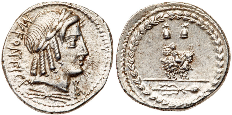 Mn. Fonteius C.f. Silver Denarius (3.57 g), 85 BC. Rome. (MN) FO(NT)EI behind, l...