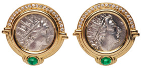 Lady's Gorgeous 18K Yellow Gold and Emerald Earrings with Matched Pair of Ancient Silver Drachm CA. 167-88 B.C. in Extremely Fine Condition.