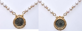 Lady's New Custom Created Necklace of 18K Yellow Gold, Diamond, Pearl and Ancient Roman Provencial Bronze ca. 1st Century.