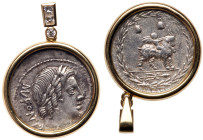 Lady's 18K Yellow Gold and Ancient, Roman Republic Denarius ca 85 B.C with Head of Apollo. Accent Diamonds on the Bail.