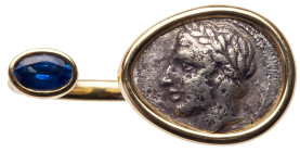 Highly Unusual 18K Yellow Gold, Sapphire and Ancient Greek Tetrobol Coin, 400 B.C. Ring in Open Pattern