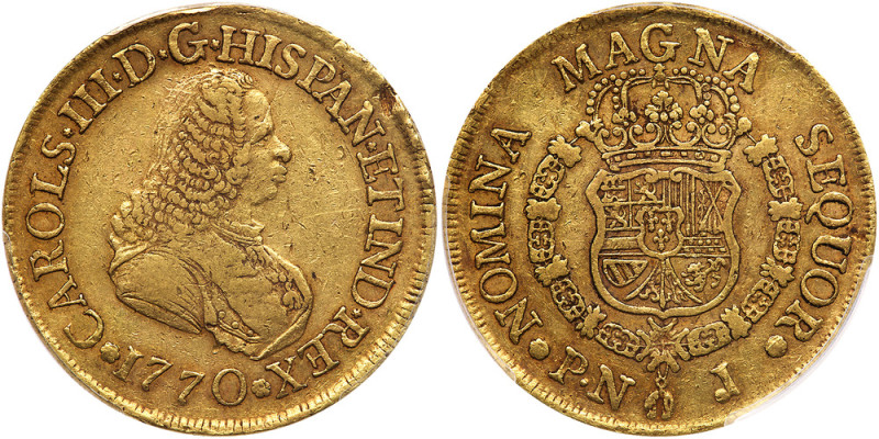 Colombia. 8 Escudos, 1770-PN J (Popayan). Fr-24; KM-38.2. Charles III, 1759-1788...