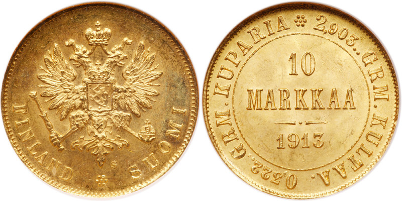 Finland. 10 Markkaa, 1913. Fr-6; KM-8.2. Struck under Russian Czar Nicholas II. ...