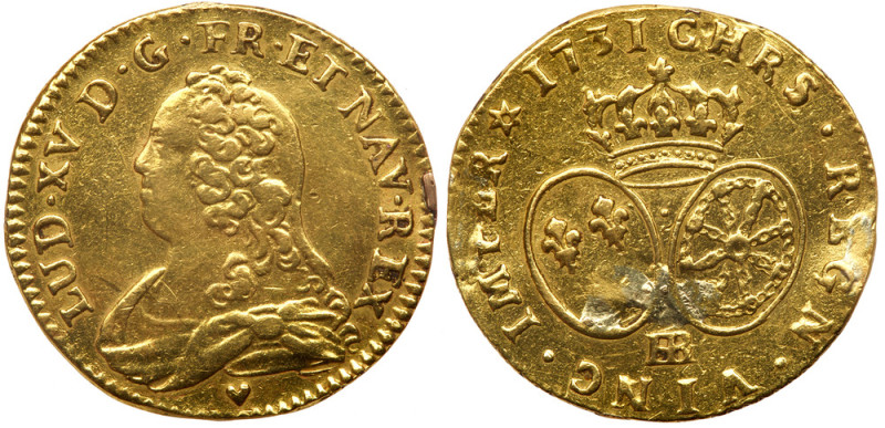 France. Louis d'or aux lunettes, 1731-BB (Strasbourg). Fr-461; Gad-340; KM-489.4...