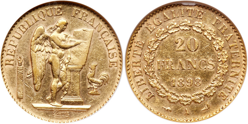 France. 20 Francs, 1898-A. Fr-592; KM-825. Weight 0.1867 ounce. Third Republic. ...