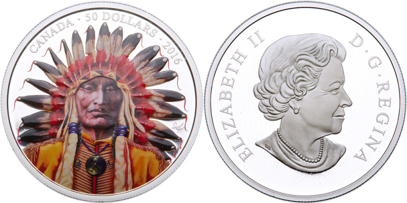 Canada. 50 Dollars, 2016. Silver 5 Ounces. Wanduta: Portrait of a Chief. Coloriz...