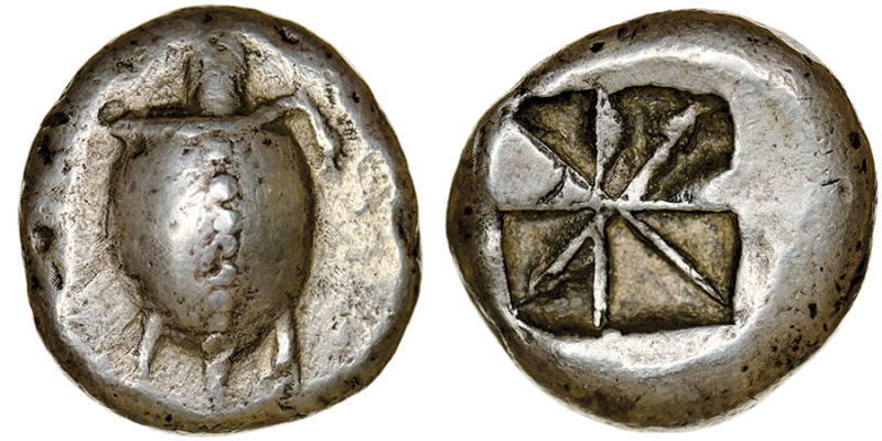 Égine
Stater,environ 525-480 avant J.C., AG 11.95 g.
Avers : Tortue de mer, tête...