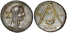 P. Sulpicius Galba 
Denarius, Rome, 69/68 avant J.C., AG 3.90 g. 19 mm Avers : Tête voilée de Vesta à droite
Revers : Couteau, cullulus et hache.
Ref ...