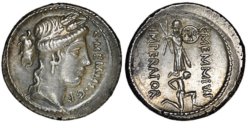 C. Memmius
Denarius, Rome, 56 avant J.C., AG 4 g. 19 mm
Avers : Tête laurée de C...