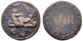 Tessère érotique en bronze, AE 4,97g. 21 mm
Avers : Scène de copulation.
Revers : VIII inscrit dans un cercle perlé et entouré d'une couronne de lauri...