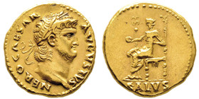 Nero 54-68
Aureus, Rome, 66-68, AU 7.31 g. 18.4 mm
Avers : Buste lauré à droite NERO CAESAR AVGVSTVS
Revers : Salus assise sur un trône à gauche, de l...
