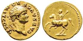 Domitianus Caesar 81-96
Aureus, Rome, 73, AU 7.23 g. 19.8 mm
Avers : Buste à droite CAES AVG F DOMIT COS II
Revers : Domitien à cheval à gauche avec s...