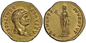 Domitianus Caesar 81-96
Aureus, Rome, 75, AU 7.25 g.
Avers : CAES AVG F DOMIT COS III, tête laurée à droite
Revers : PRINCEPS IVVENTVT, Spes s'avançan...