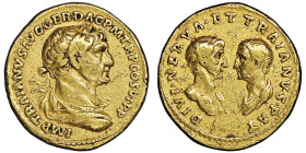 Trajan 98-117 avec Divus Nerva & Divus Trajan Pater
Aureus, Rome, AD 112-117, AU 7.22 g.
Avers : IMP TRAIANVS AVG GER DAC P M TR P COS VI P P Buste la...