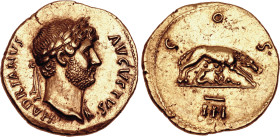 Hadrianus 117-138
Aureus, Rome, 124-128, AU 7.10 g. 21.3 mm
Avers : Buste lauré et drapé à gauche HADRIANVS AVGVSTVS Revers : La louve à droite allait...