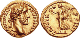 Antoninus Pius 138-161
Aureus, Rome, 156-157, AU 7.24 g. 18.1 mm
Avers : Buste lauré à droite ANTONINVS AVG PIVS P P IMP II Revers : La Victoire avanc...