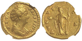 pour Faustina Augusta 138-141 
Aureus, Rome, 150, AU 7.26 g.
Avers : DIVA - FAVSTINA Buste drapé de Faustine mère à droite, avec les cheveux relevés, ...