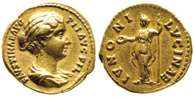 pour Faustina II, fille de Antoninus Pius et femme de Marcus Aurelius
Aureus, Rome, 145-161, AU 7.03 g. 19.1 mm
Avers : Buste drapé à droite, FAVSTINA...