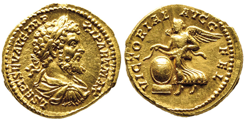 Septimius Severus 193-211
Aureus, Rome, 199, AU 7.43 g. 18.6 mm
Avers : Buste la...